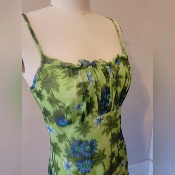 Vintage Y2k Green Tropical Mesh Dress 2000s Millenium Medium - Picture 4 of 7